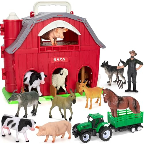 Ellinjan Farm Animals Toys for Toddlers Girls Boys, Big Red Barn Farm with Figures Animals and Tractor Toy for Kids Age 3 4 5, Farm Playset Educational Learning Toys, Ideal Christmas Birthday Gifts