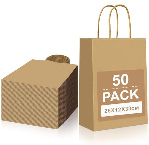 Gucass 50 Pcs Grand Sac Papier Cadeau, Marron Sac en Papier Kraft avec Poignée Pochette Cadeaux 26x12x33cm, Sachet Kraft Emballage Cadeau, Pochette Kraft pour Noël Mariage Anniversaire Fête
