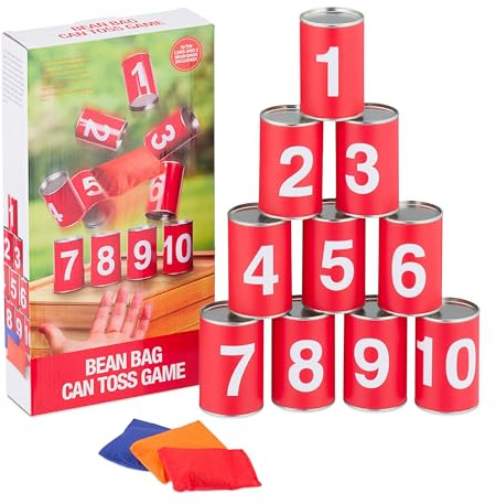 Relaxdays Tiro al Barattolo per Bambini, Giochi da Giardino, 10 Lattine e 3 Sacchi, per Feste di Compleanno, Rosso