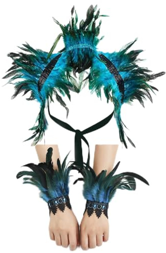 AWAVM Women Natural Feather Cape with Wrist Cuffs Wristband Maleficent Costume Gothic Lacing Shawl Shrug Collar Feather Cape for Halloween Cosplay Christmas Party Blue