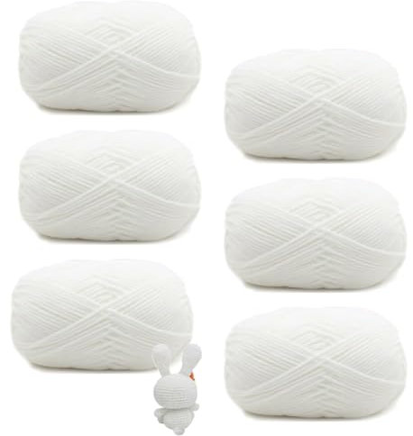 Häkelgarn, 6 Stück Weiß Wolle zum Häkeln, Strick und Häkelgarn, 50g Handstrickgarn Baumwollgarn, Handstrickgarn Set, Sowohl für Anfänger als Auch für Erfahrene Häkler Geeignet(Acrylgarn)