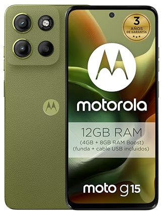 Motorola Moto g15 12GB (4GB+8GB RAM Boost)/128GB Verde, España, Pantalla de 6,72” FHD+, Sistema de cámaras de 50 MP y Objetivo Ultra Gran Angular, Batería 5200 mAh, Carga TurboPower, Cuero Vegano