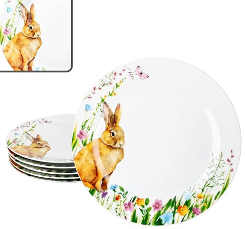 MamboCat 6er Set Osterfreude Speiseteller I Ø 27cm I frühlingshafte Porzellan-Essteller mit Osterhasen-Dekor für 6 Personen I große Teller für Hauptmahlzeiten, zum Grillen & Co.