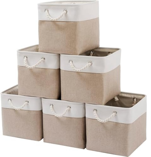 Mangata Canvas Storage Boxes, 28cm Cube Storage Bins Set of 6, Fabric Baskets with Cotton Rope Handle for Organizing Clothes Nursery Home (Khaki/White)