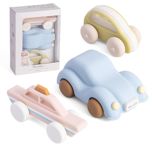 Moonkie Roll & Go Coches para Niños, Paquete de 3, Coches Juguete Silicona Blanda, Regalo Niño 6 Meses+ 1 2 3 Años, Mordedor Bebe, Juguetes Montessori, Coches para Bebes sin BPA, para Casa y Viaje