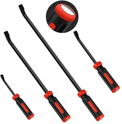 C&T 4-Piece Heavy Duty Pry Bar Set (8,12,18,24), Premium Mechanic Hand Tools with Thicker Strike Cap & Ergonomic Comfort Grip for Automotive, Demolition & Construction, Black/Red