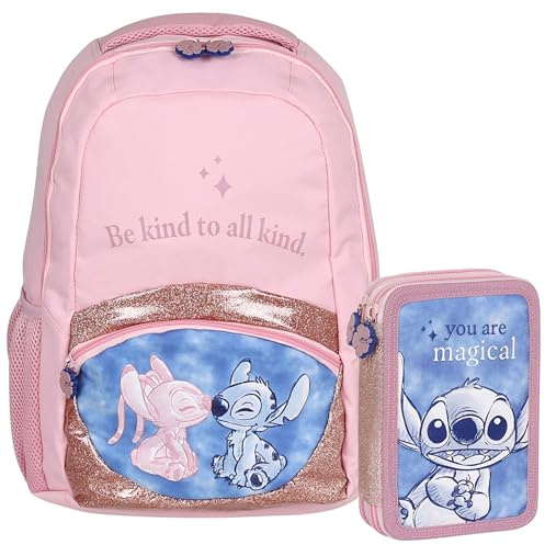DISNEY Stitch SET SCUOLA per ragazza: ZAINO rinforzato + ASTUCCIO con materiale scolastico, SET SCOLASTICO (Stitch)