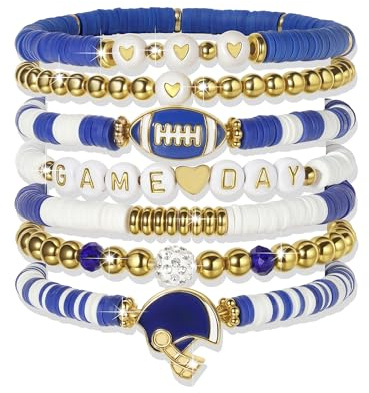 ecozran 7Pcs Gameday Bracelets Stackable Set Stretchable Clay Beaded Bracelets with Football Helmet Heart Charm for Women Men Blue White Gold Team Spirit Jewelry for Football Season (A-Blue White)