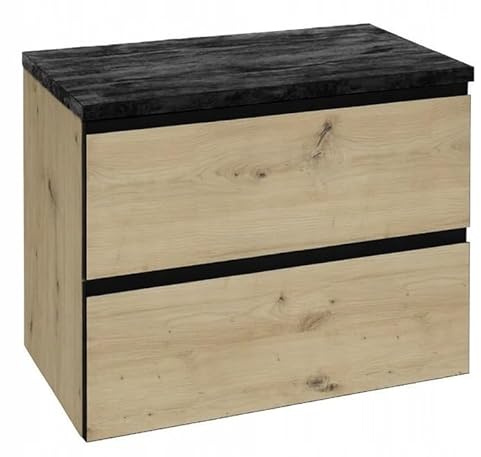 DomoDomo - Mobile sottolavabo da 60 cm sospeso con 2 cassetti e chiusura morbida – Mobile da bagno per lavabo da appoggio in rovere Artisan con piano nero effetto cemento – Mobile da bagno