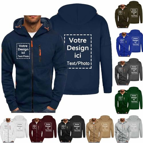 Générique Sweat Zippé Homme Personnalisable Sweats à Capuche personnalisé Sport Pull Hoody Mode Automne Hiver Sportswear Décontracté Veste Marine L