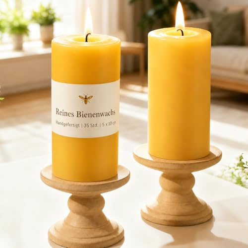 Lot de 2 bougies cylindriques en cire d'abeille, chacune brûle 35 heures – 100% cire d'abeille pure pour la maison, parfaite pour la détente et l'ambiance (4,5 cm de largeur x 10 cm de hauteur)