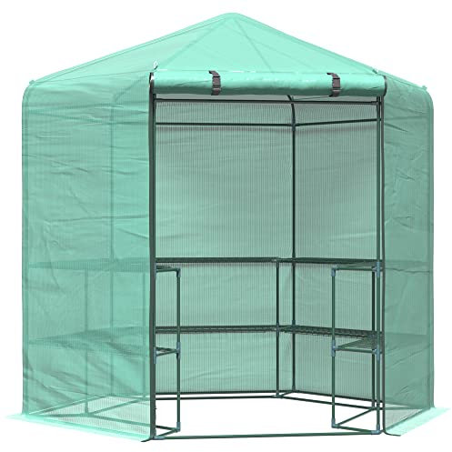 Outsunny Hexagon Walk In Greenhouse with Shelves, Outdoor Green House Grow House with Waterproof PE Cover and Roll-up Door, 228 x 196 x 215 cm, Green
