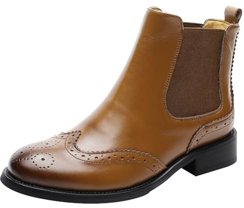 rismart Damen Brogues Wingtip Kurzschaft Schlüpfen Stilvoll Leder Chelsea Stiefel SN02052(Braun,EU38)