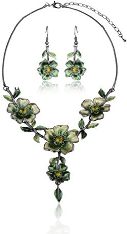 Women's Vintage Statement Jewelry Set - Spring Green Flower Leaf Floral Bohemian Boho Statement Necklace Earring Set Crystal Rhinestone Fashion Costume Jewelry for Women Party Prom Everyday Jewelry