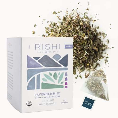 Rishi Tea Lavender Mint Herbal Tea - Organic, Caffeine Free Sachet Bags, Calming Lavender with Peppermint & Sage - 15 Count (Pack of 1)