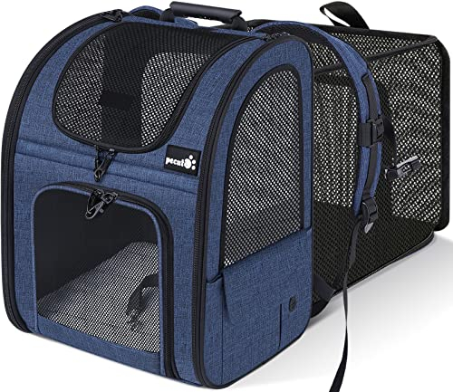 Katzenrucksack Große Katzen bis 8kg, Erweiterbar Faltbar, Hunderucksack mit Anti-offener Reißverschluss, Rucksack Hund mit Netz Fenster Blau, für Hunde Katzen Haustiere (34 * 27 * 44cm)