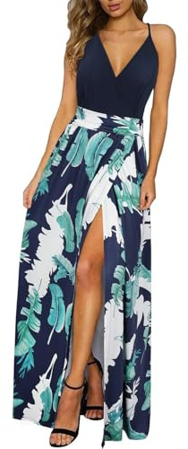 Newshows Vestido de Verano para Mujer Cuello en V Abertura Largo Maxi Elegante para Invitada de Boda Floral 01,L