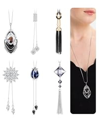 CASSIECA 6Pcs Long Pendant Necklace for Women Lady Statement Sweater Necklace Set Silver Plated Rhinestone Flower Tassel Necklace Y Simple Necklaces Sweater Chain Fashion Jewelry Women Gifts
