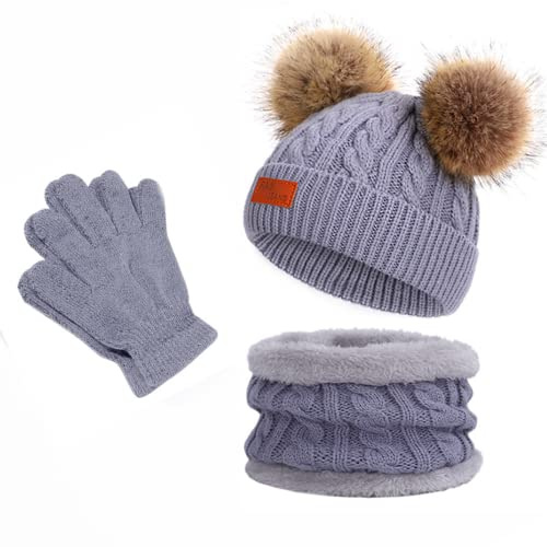 Bonnet Écharpe Gants Ensemble, Filles Garcons Hiver Chaud Tricoté Chapeau avec Pompon Doux Polaire Doublure Tour de Cou Gants 3 en 1, Enfant 2-8 Ans Épaissir Accessoires Hiver Set