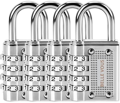 Belle Vous (4er Pack) Silberfarbenes Zahlenschloss 4 Stellig - 4,1 x 1,4 x 8 cm - Vorhängeschloss Wetterfest & Strapazierfähig - Vorhängeschloss Zahlen Schloss für Innen- & Außen, Spind, Zäune & Tore