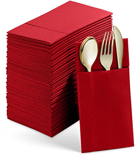 Servietto Engångs linnekänsla middagsservetter med inbyggd bestickficka, 50-pack RÖD Prefolded tyg som pappersservetter för bröllop, middag eller fest