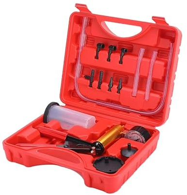 ZJERYL GULL 2 in 1 Brake Bleeder Kit with Hand Vacuum Pump with Gauge Adapters Automotive Brake Fluid Bleeding Set with Protected Case for Car Truck (Red)