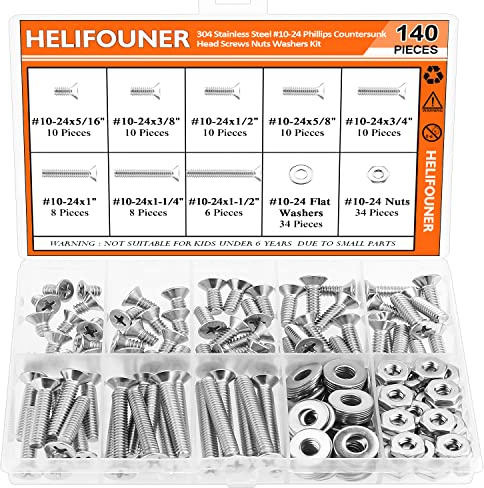 HELIFOUNER 140 Pieces #10-24 Phillips Countersunk Head Machine Screws Nuts Washers Assortment Kit, Coarse Thread, Fully Machine Threaded, 304 Stainless Steel