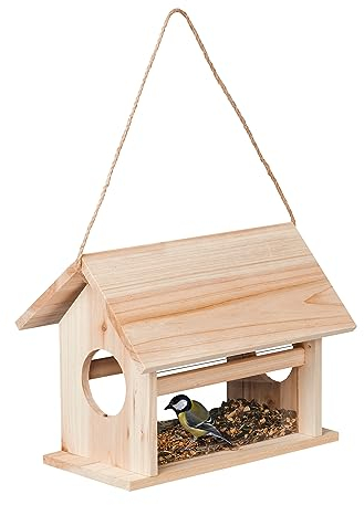 Relaxdays Vogelfutterhaus Holz, zum Aufhängen, Futterspender Wildvögel, Vogelfutterstation, HxBxT 24 x 30 x 21 cm, Natur
