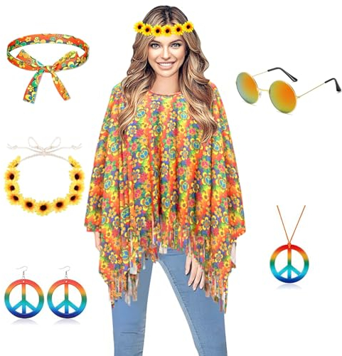 YODITI Hippie Kostüm Damen Set: Hippie Poncho Damen Set mit 60er 70er Jahre Hippie Zubehör Karneval Faschingskostüme Damen Hippie Kleidung - Damen Boho Flower Power Bekleidung Frau Mode Disco Outfit