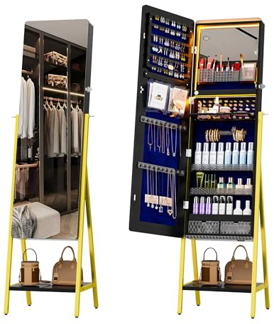 Lvifur Spiegelschrank mit Beleuchtung, Schmuckschrank mit LED Spiegel Ganzkörperspiegel Abschließbarer Aufbewahrung Mehrere Fächer Abschließbar Schlafzimmer Garderobe Schwarz