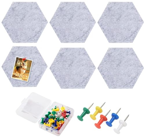 KHIRY Sechseckige Filz-Memo-Tafeln 6 Stück Pinnwand Kork, Sechseckige Korkplatte Selbstklebende Korkwand, Korkplatten für Die Wand mit 35 Stück Pushpin, Memoboard Wird Notizen, Aufhängen(Stil 3)