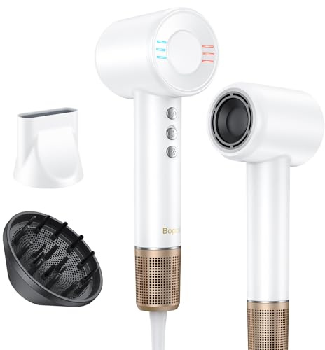 Ionic Hair Dryer with Diffuser – 120,000 RPM High-Speed Blow Dryer - 3 Mins Fast Drying,59dB Low-Noise,Smart Temperature Control,Magnetic nozzles,Compact & Travel-Friendly,1600W