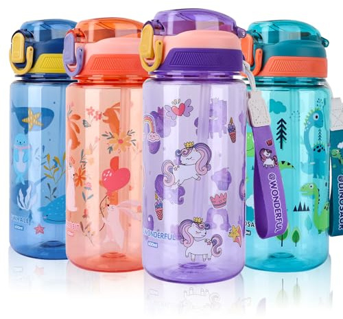 SUPPRUI Barndricksflaska, 600ml Barndricksflaska med sugrör, BPA-fri barnvattenflaska, Sportvattenflaska med läckagesäker flip-top-lock för flickor och pojkar (LILAC Enhörning)