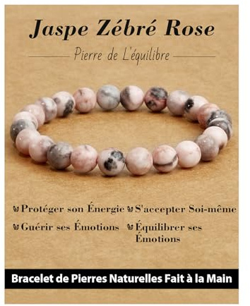 Landorilo Handmade 8mm Natural Crystal Beaded Bracelet with Healing Gemstones for Women Men, Yoga Meditation Energy Bracelets, Valentine's Day, Christmas, Birthday Gift (Pink Zebra Jasper)