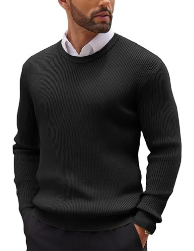 COOFANDY Herren Rundhals Pullover Feinstrick Business Pullover Ribbed Strickpullover Sweater Langarmshirt Einfarbig Pulli Schwarz M
