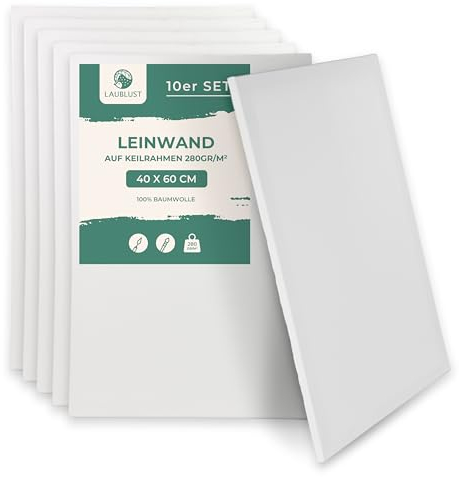 LAUBLUST Keilrahmen 40x60cm 10er Set - Weiß | Leinwand Set Maltuch aus 100% Baumwolle - Leinwände 280 g/m² | Vorgrundiert, Säurefrei - Keilrahmenset Leinwand zum Bemalen für Acryl-, Aquarell-, Ölfarbe