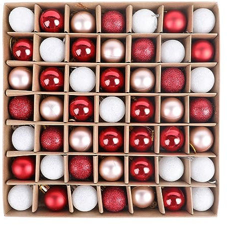 VEYLIN Mini Baubles, 49pcs 3cm Red Christmas Tree Decoration Glitter Ornaments (Red and White)