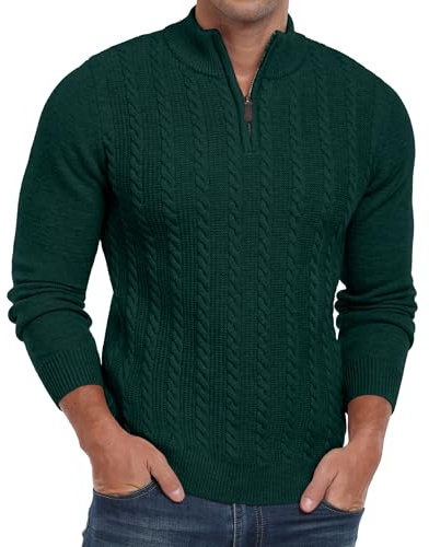 Hisir Mens Quarter Zip Jumper Cable Knit Crew-Neck Sweater Long Sleeve Jumpers Causal Pullover Winter for Men (Dark Green, XXL)