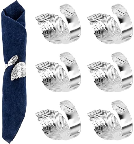 Framendino, Silver Leaf Napkin Rings Set of 6 Metal Holder for Wedding Anniversary Table Dinner Decor