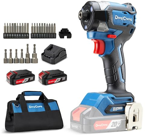 Dong Cheng 20V Brushless Impact Driver, 1840in-lbs Torque, 3200RPM, 4300IPM, 1/4 Hex Chuck, 4 Work Modes, with 2 * 2.0Ah Batteries
