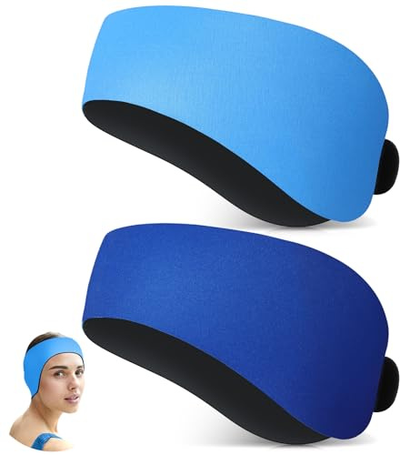 Lunmon 2 Pairs Swimming Headbands Adjustable Water Headbands for Adults Waterproof Safety Earplugs Swimming Earband Protectors for Pool, Surfing, Diving and Water Sports(Blue,Navy Blue)