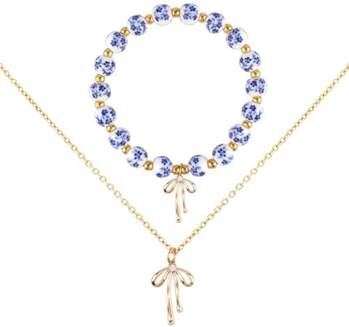 Rosettarmband Halsband Set, Inkluderar Rosett Pärlarmband & Rosetter Halsband Vintage Armband Smycken Presenter Romantiska Halsbands för Kvinnor (Blå, Guld)