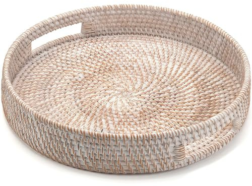Rundes Rattan Serviertablett, Handgewebtes Serviertablett mit Griffen, Wicker Servierkorb, Dekoratives Tablett für Küche, Wohnzimmer (Weiße, 34 cm)