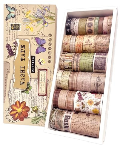 bomichi 32 Rolls Vintage Washi Tape Set Retro Nostalgic Dekoratives Tape mit Altzeitungs-Briefmarken-Blumenmustern für Scrapbooking Journaling DIY Crafts Junk Journal Zubehör