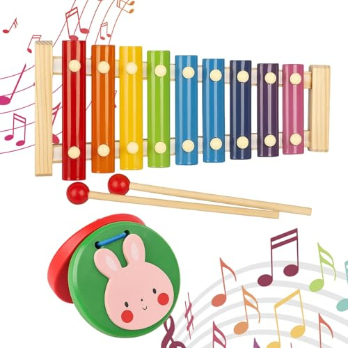 Xylophone, Kids Musical Instruments Set, Wooden Xylophone and Bunny Clapper, Musical Toys for 1 Year Old, Toddler Educational Toys, Colorful Design, Portable for Travel and Outdoor Play