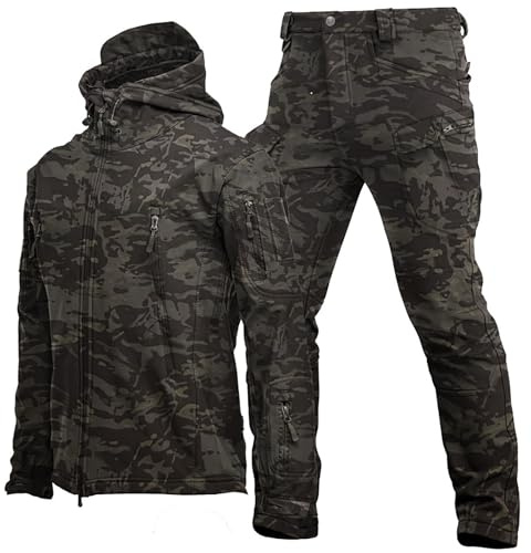 pvucpot 2 Pezzi Tuta Uomo Giacca Militare con Cappuccio e Pantaloni Sportive Completo Tute Caldo Outdoor Tattico Uniforme da Caccia Impermeabile per Autunno e Inverno