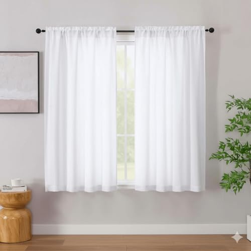 Yuiturt Scheibengardine 2er Set 63.5 * 61cm Weiß Halbtransparent Modern Bistrogardine Küchenvorhang Fenstergardine Kurz Landhausstil Leinenoptik Mit Stangendurchzug