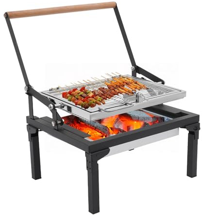 Vikbar kolgrill, bärbar campinggrill med 360° roterande grillgaller av rostfritt stål och trä i svart för utomhusgrill med familj och vänner