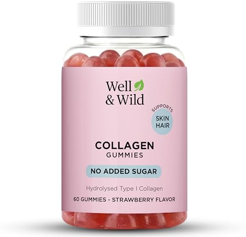Well & Wild Collagen Gummies with Vitamin C – Marine Collagen Supplement for Skin & Hair Support – No Added Sugar – Strawberry Flavour – 60 Gummies (30 Day Supply)