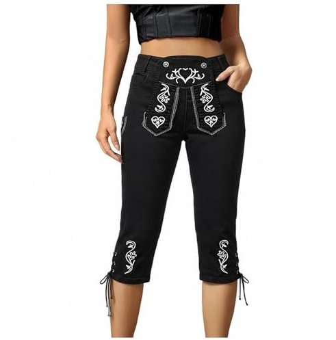 Pantalones cortos para traje regional para mujer, traje tradicional de Oktoberfest, elásticos, tallas grandes, vaqueros elegantes, largos hasta la rodilla, para traje regional, para mujer, pantalones